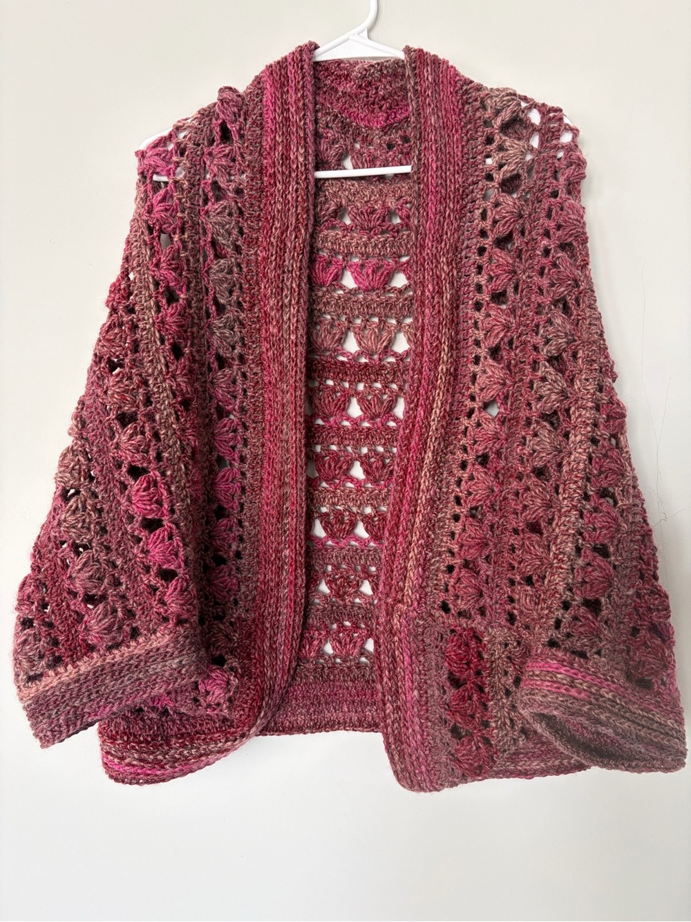Hand-Crocheted Rose Pink Openwork Women's Cardigan Sweater